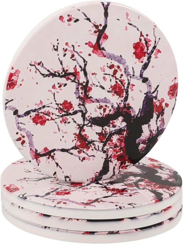 Photo 1 of Cherry Branch Drink Coasters Modern Foliage Butterfly China Classic Blossoming Oriental Ink Culture Housewarming Gifts for New Home Present for Friends,6 Pcs,4 X 4 X 0.35 Inches
