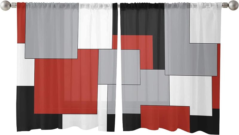 Photo 2 of Geometric Red Sheer Window Curtains, Black White and Gray Patchwork Rod Pocket Curtain for Living Room Mid Century Modern Window Treatment Curtain Drapes for Bedroom Kitchen, 52W" x 45L", Set of 2
