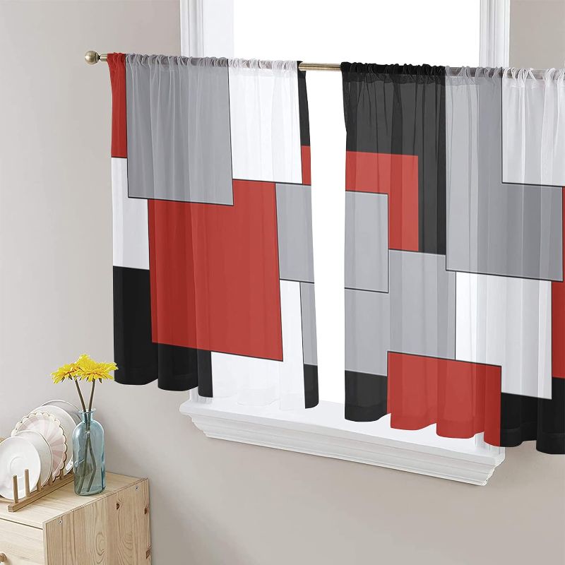 Photo 1 of Geometric Red Sheer Window Curtains, Black White and Gray Patchwork Rod Pocket Curtain for Living Room Mid Century Modern Window Treatment Curtain Drapes for Bedroom Kitchen, 52W" x 45L", Set of 2
