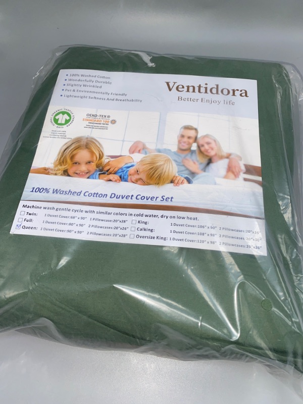 Photo 4 of Ventidora Green 3 Piece Duvet Cover Set Queen Size,100% Organic Washed Cotton Linen Feel Like Textured, Luxury Soft and Breatheable Bedding Set with Zipper Closure(1 Comforter Cover + 2 Pillowcases)
