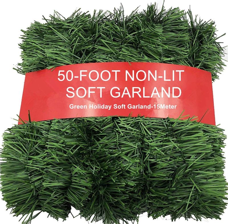 Photo 1 of 50-Foot Soft Green Garland for Christmas Decorations - 16.7Y Non-Lit Soft Green Holiday Decor for Outdoor or Indoor Use - Premium Quality Home Garden Artificial Greenery or Wedding Party Decorations.
