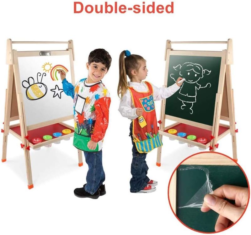 Photo 3 of Kids Wooden Art Easel Double-Sided Whiteboard and Chalkboard Adjustable Standing Easel with Paper Roll Holder,Letters and Numbers Magnets and Other Accessories Gift for Kids Toddlers Boys and Girls
