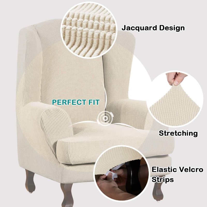 Photo 2 of Velvet Wingback Chair Covers 2 Piece Wing Chair Slipcover Stretch Slipcovers for Wingback Chairs Wing Chair Cover Spandex Jacquard Fabric with Elastic Bottom Non-Slip Furniture Cover,Biscotti Beige
