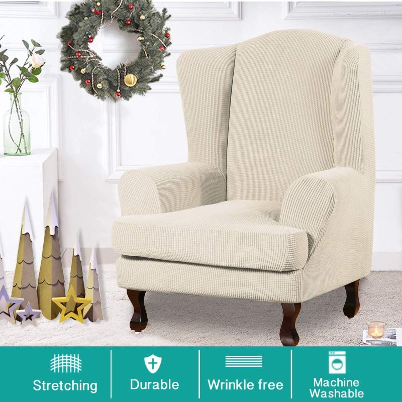 Photo 1 of Velvet Wingback Chair Covers 2 Piece Wing Chair Slipcover Stretch Slipcovers for Wingback Chairs Wing Chair Cover Spandex Jacquard Fabric with Elastic Bottom Non-Slip Furniture Cover,Biscotti Beige
