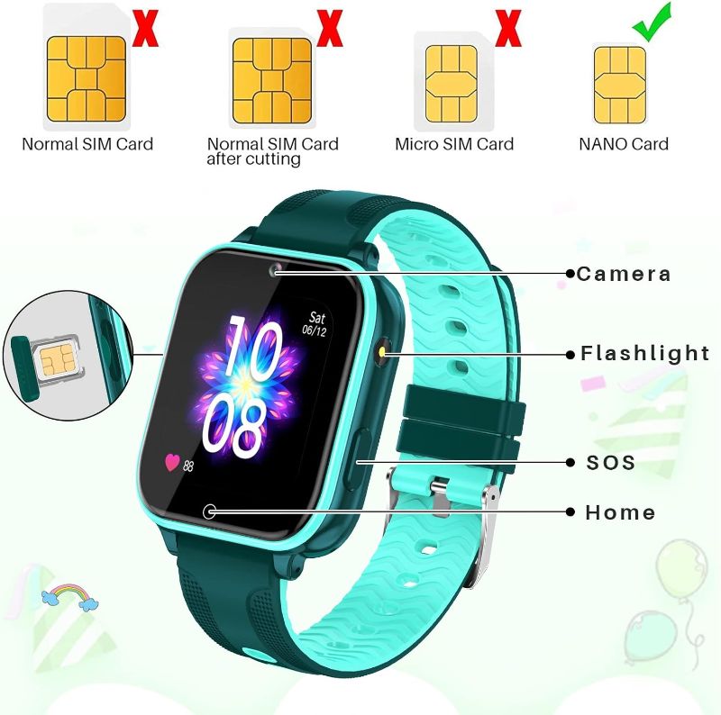 Photo 3 of 4G Smart Watch for Kids with SIM Card GPS tracker, Multiple desktop style to choose,Two Way Calling,picture literacy, SOS, WiFi, Waterproof Touch Screen for 4-12 Boys Girls Birthday Gifts (T12 Cyan)
