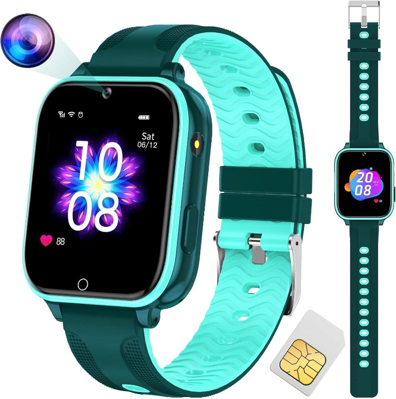 Photo 1 of 4G Smart Watch for Kids with SIM Card GPS tracker, Multiple desktop style to choose,Two Way Calling,picture literacy, SOS, WiFi, Waterproof Touch Screen for 4-12 Boys Girls Birthday Gifts (T12 Cyan)
