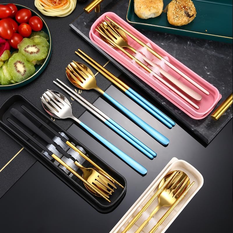 Photo 2 of Silverware Set, 304 Stainless Steel Portable Tableware Set Korean Three-piece Set Spoon Fork Chopsticks Student Outdoor Tableware Set(Gold black-3pcs,1Set)
