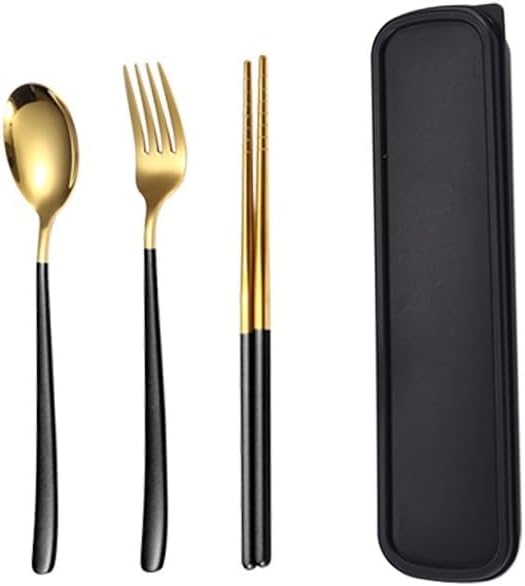 Photo 1 of Silverware Set, 304 Stainless Steel Portable Tableware Set Korean Three-piece Set Spoon Fork Chopsticks Student Outdoor Tableware Set(Gold black-3pcs,1Set)
