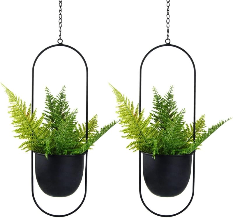 Photo 1 of Metal Hanging Planter, Set of 2 Black Geometric Plant Hangers with 6 inch Flower Pots in Oval Shape, Modern Wall and Ceiling Plant Holders for Indoor Outdoor Plants Home Décor
