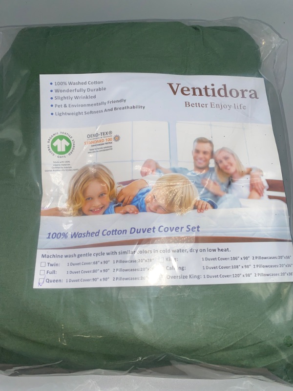 Photo 3 of Ventidora Green 3 Piece Duvet Cover Set Queen Size,100% Organic Washed Cotton Linen Feel Like Textured, Luxury Soft and Breatheable Bedding Set with Zipper Closure(1 Comforter Cover + 2 Pillowcases)
