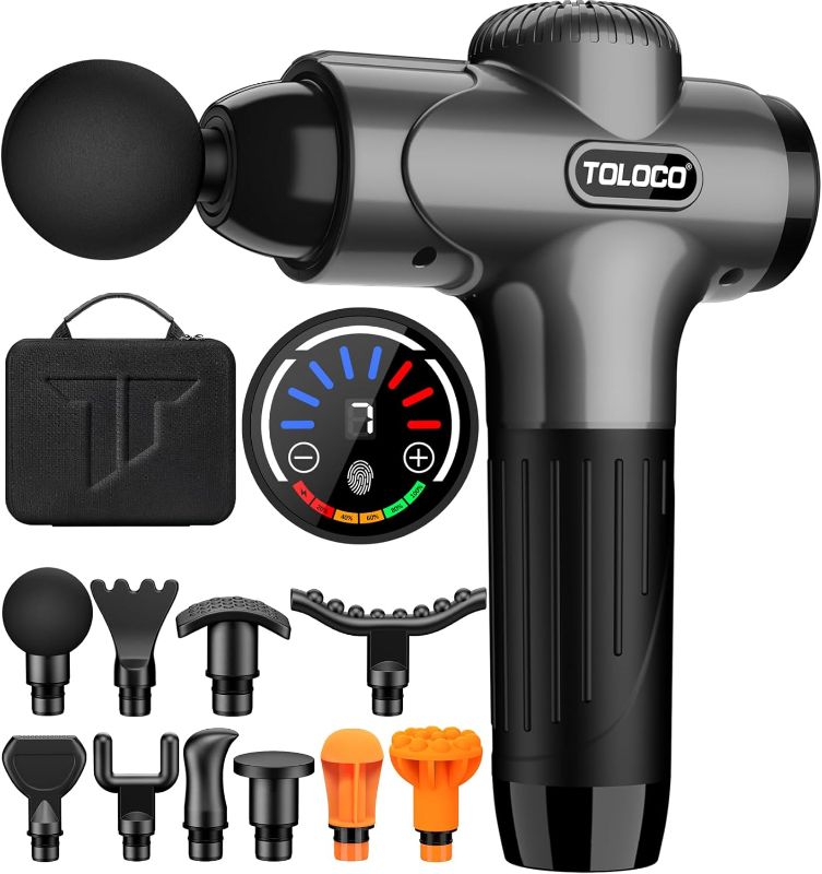 Photo 1 of TOLOCO Massage Gun, Muscle Massage Gun Deep Tissue, Percussion Massage Gun with 10 Replacement Heads, Super Quiet Portable Electric Massager for Athletes, Treatment, Relax, Grey
