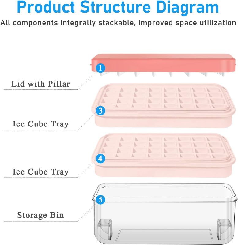 Photo 2 of Ice Cube Tray with Lid and Bin, 64 pcs Ice Tray Kit with Ice Scoop, Ice Cube Pop Out Tray, Ice Cube Trays for Freezer, Ice Cube Molds, BPA Free, Easy Release Stackble Spill-Resistant ZZWILLB (Pink)
