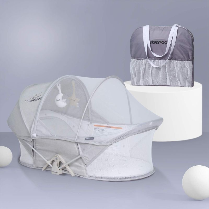 Photo 1 of Travel Bassinet, Beberoad NEWMOON Portable Baby Bed, Foldable Frame Design Infant Toddler Sleeper, Outdoor Crib with Mosquito net and Canopy Playpen, Silver Moon
