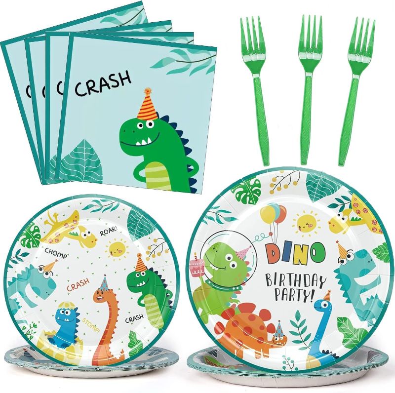 Photo 1 of Small Cake Dinosaur Birthday Decorations for Boys Dinosaurs Themed Birthday Party Tableware Set Green Dino Party Dessert Plates Napkins for 10Guests

