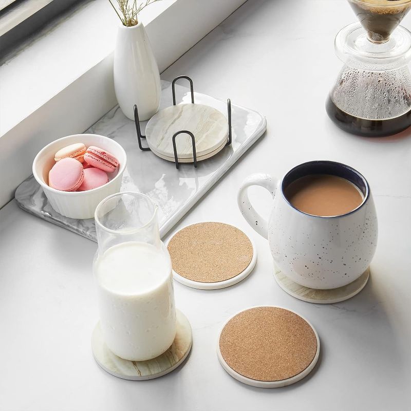 Photo 2 of LIFVER Drink Coasters with Holder, Absorbent Coaster Sets of 6, Marble Style Ceramic Drink Coaster for Tabletop Protection,Suitable for Kinds of Cups, Wooden Table, Cool Home Decor, 4 Inches
