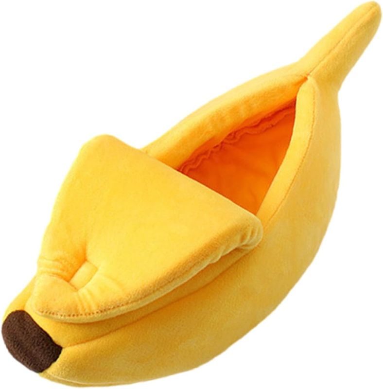 Photo 1 of Lovely Pet Bed Supplies, Banana Shape Washable Dog Bed, Soft Cat Warm Nest with Half Open Lid, Winter Enclosed Dog Kennel, Comfortable Pet Feline Cozy Bed, Cute Pets House for Kittens Rabbits Sleep
