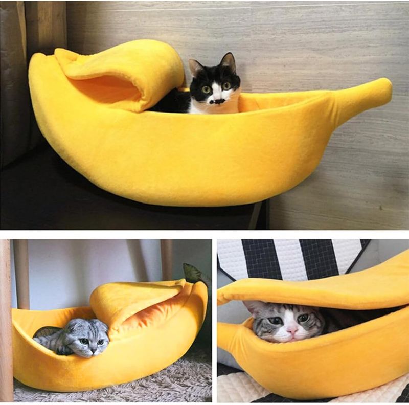 Photo 3 of Lovely Pet Bed Supplies, Banana Shape Washable Dog Bed, Soft Cat Warm Nest with Half Open Lid, Winter Enclosed Dog Kennel, Comfortable Pet Feline Cozy Bed, Cute Pets House for Kittens Rabbits Sleep
