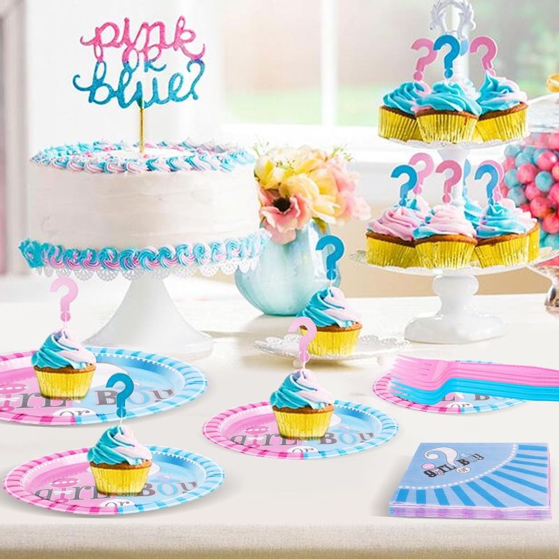 Photo 2 of FunisFun 61PCS Gender Reveal Decorations Party Supplies Gender Reveal Plates Napkins Forks Serve 10 Guests for Boy or Girl Gender Reveal Ideas(Gender Reveal)
