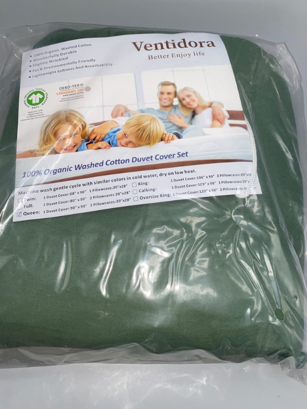 Photo 1 of Ventidora Green 3 Piece Duvet Cover Set Queen Size,100% Organic Washed Cotton Linen Feel Like Textured, Luxury Soft and Breatheable Bedding Set with Zipper Closure(1 Comforter Cover + 2 Pillowcases)
