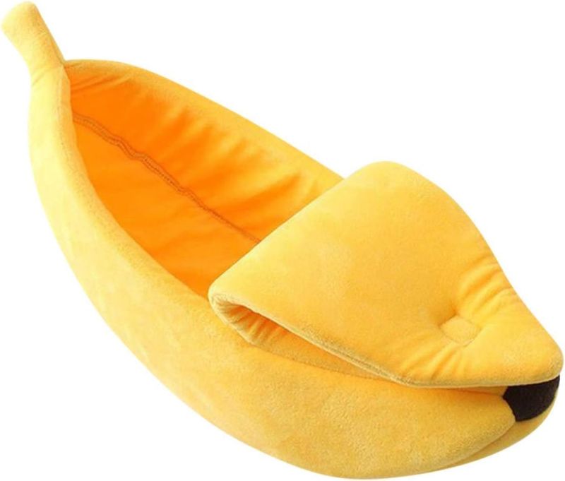 Photo 1 of Lovely Pet Bed Supplies, Banana Shape Washable Dog Bed, Soft Cat Warm Nest with Half Open Lid, Winter Enclosed Dog Kennel, Comfortable Pet Feline Cozy Bed, Cute Pets House for Kittens Rabbits Sleep
