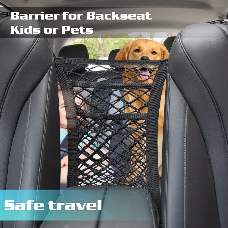 Photo 3 of 2 Pack 3 Layer Car Net Pocket, Car Net Pocket Handbag Holder, Four-Side Elasticity Car Purse Net, Car Net Barrier between Front Seats for Backseat Kids Dogs or Pets
