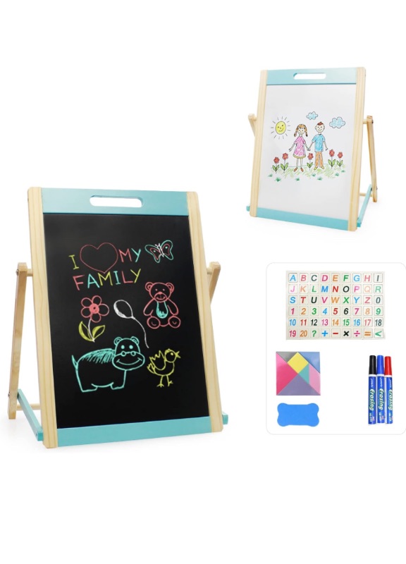Photo 1 of KIDS WONDER Kids Drawing Board Portable Easel Wooden Tabletop for Toddlers Foldable Double-Sided Whiteboard & Blackboard Painting Gifts for Artist Boys Girls