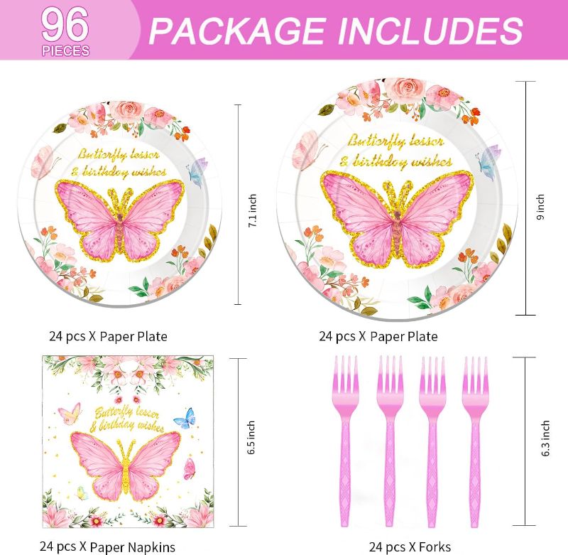 Photo 1 of 96PCS Pink Butterfly Birthday Decorations,Butterfly Plates And Butterfly Napkins Set For 10 Guests, Butterfly Decorations For Kids (Pink)
