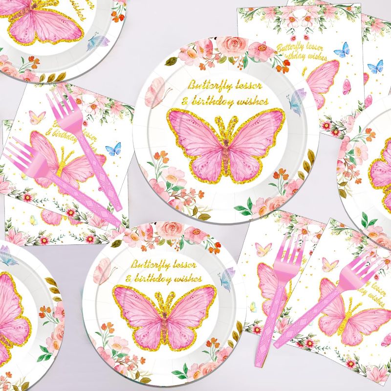 Photo 2 of 96PCS Pink Butterfly Birthday Decorations,Butterfly Plates And Butterfly Napkins Set For 10 Guests, Butterfly Decorations For Kids (Pink)
