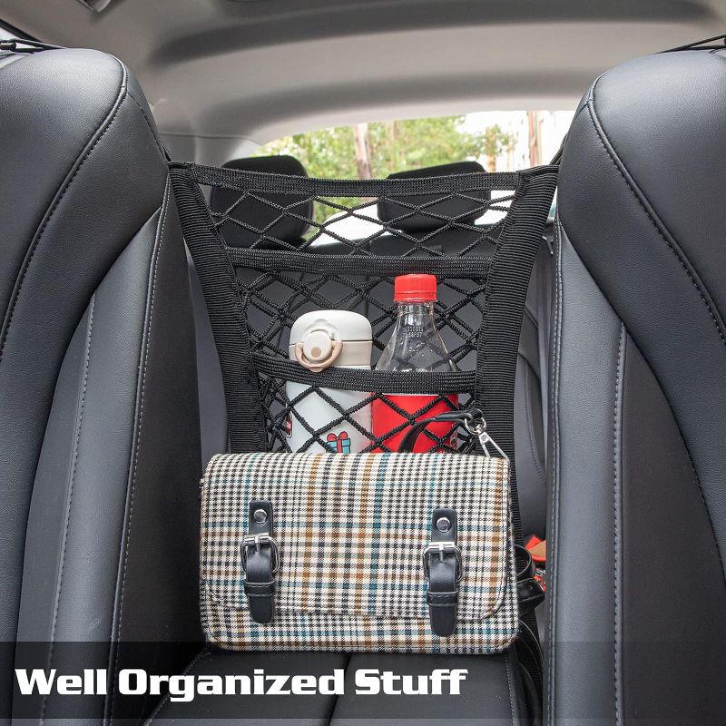 Photo 2 of 2 Set 3 Layer Car Net Pocket, Car Net Pocket Handbag Holder, Four-Side Elasticity Car Purse Net, Car Net Barrier between Front Seats for Backseat Kids Dogs or Pets
