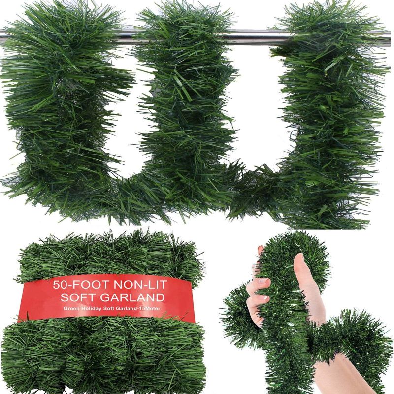 Photo 1 of 50-Foot Soft Green Garland for Christmas Decorations - 16.7Y Non-Lit Soft Green Holiday Decor for Outdoor or Indoor Use - Premium Quality Home Garden Artificial Greenery or Wedding Party Decorations.
