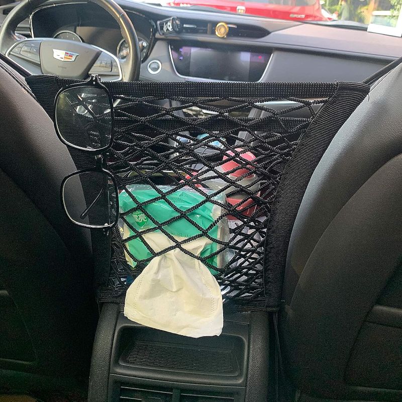 Photo 2 of 2 Set 3 Layer Car Net Pocket, Car Net Pocket Handbag Holder, Four-Side Elasticity Car Purse Net, Car Net Barrier between Front Seats for Backseat Kids Dogs or Pets
