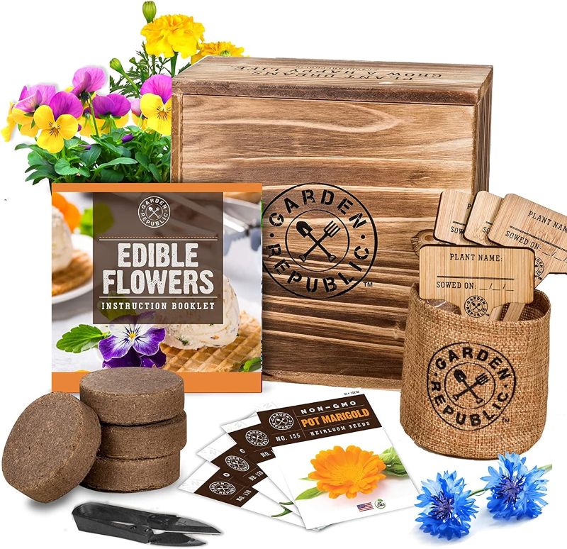 Photo 1 of Edible Flowers Indoor Garden Seed Starter Kit - Non-GMO Heirloom Seeds for Planting, Soil, Burlap Pots, Plant Markers, Trimmers, Wood Gift Box, DIY Growing Kits, Home Gardening Gifts for Plant Lovers
