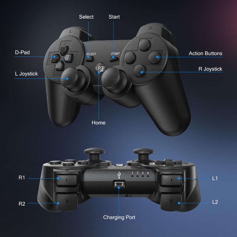 Photo 2 of PS3 Controller Wireless 2 Pack, with 2 Charging Cables, Compatible with Playstation 3 - Black
