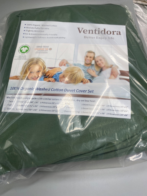 Photo 1 of Ventidora Green 3 Piece Duvet Cover Set Queen Size,100% Organic Washed Cotton Linen Feel Like Textured, Luxury Soft and Breatheable Bedding Set with Zipper Closure(1 Comforter Cover + 2 Pillowcases)
