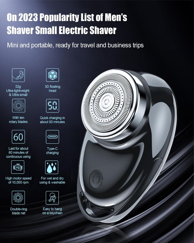 Photo 2 of Electric Shaver One-Button Use Electric Razor for Men Rotary Portable Mini Shaver Pocket Size, Rechargeable, Wet&Dry, IPX6 Waterproof, Travel, Home, Office, Car (Black)
