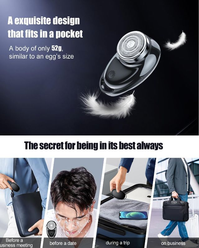 Photo 3 of Electric Shaver One-Button Use Electric Razor for Men Rotary Portable Mini Shaver Pocket Size, Rechargeable, Wet&Dry, IPX6 Waterproof, Travel, Home, Office, Car (Black)
