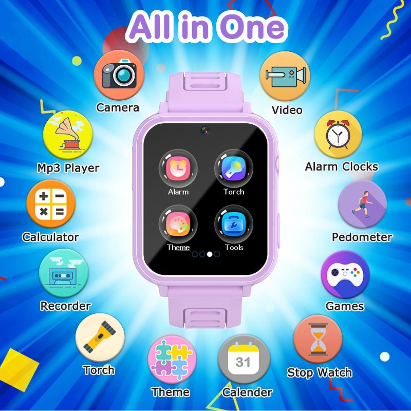 Photo 2 of Kids Game Smart Watch Gifts for Girls Age 4-12, 24 Puzzle Games HD Touch Screen Smart Watches with Video Camera Music Player Pedometer Flashlight 12/24hr, Educational Toys for 8 10 12 Year Old Girl
