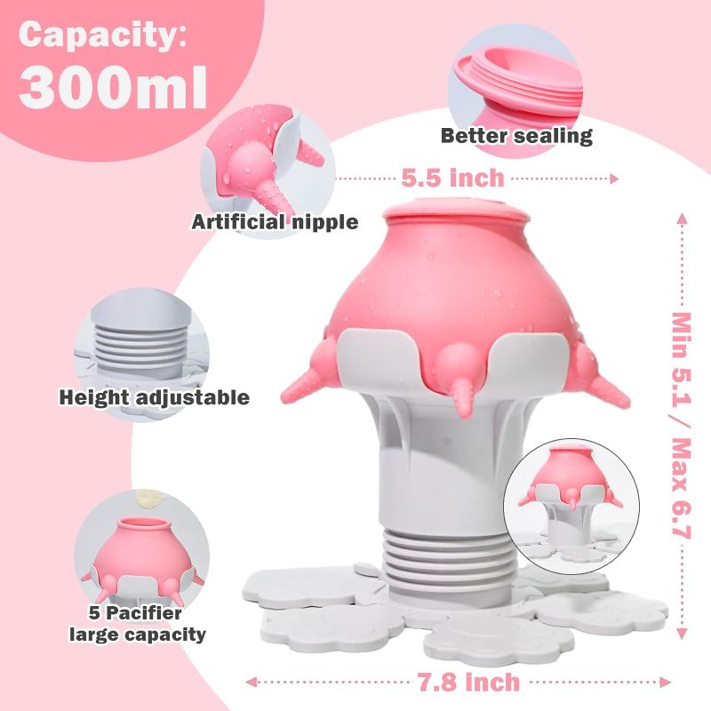 Photo 2 of 2 Pack Puppy Feeder for Multiple Puppies, 300ml Puppy Milk Feeder Bowl with 5 Teats & Adjustable Height for Nursing Puppies, Nipple Puppy Bottles Feeding Station for Kittens, Puppies and Rabbits(Pink/Yellow)
