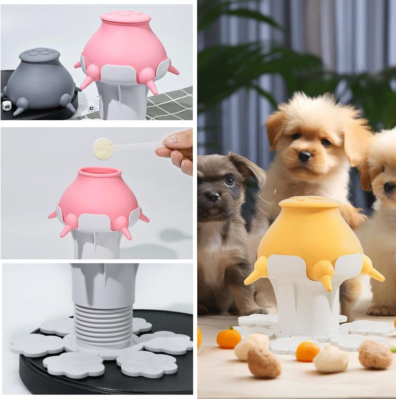 Photo 4 of 2 Pack Puppy Feeder for Multiple Puppies, 300ml Puppy Milk Feeder Bowl with 5 Teats & Adjustable Height for Nursing Puppies, Nipple Puppy Bottles Feeding Station for Kittens, Puppies and Rabbits(Pink/Yellow)
