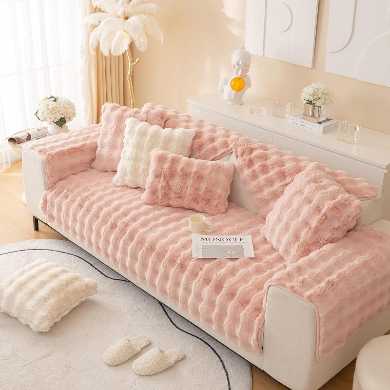 Photo 1 of OKYUK Rabbit Plush Sofa Cover, Non-Slip Sofa Cushion Covers, Super Soft Faux Fur Throw Couch Cover, Puffy Couch Cushion Covers Washable Furniture Protector (Pink, 70 * 70cm)
