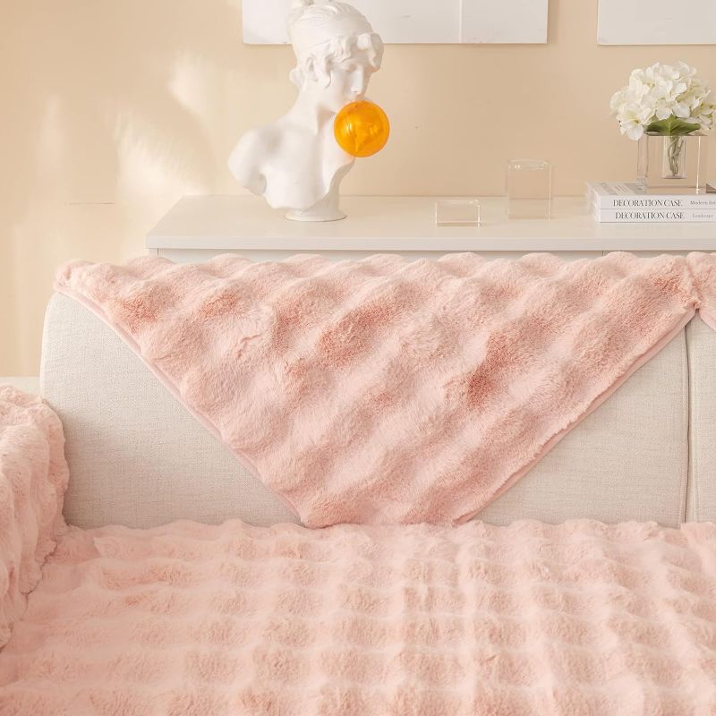 Photo 2 of OKYUK Rabbit Plush Sofa Cover, Non-Slip Sofa Cushion Covers, Super Soft Faux Fur Throw Couch Cover, Puffy Couch Cushion Covers Washable Furniture Protector (Pink, 70 * 70cm)
