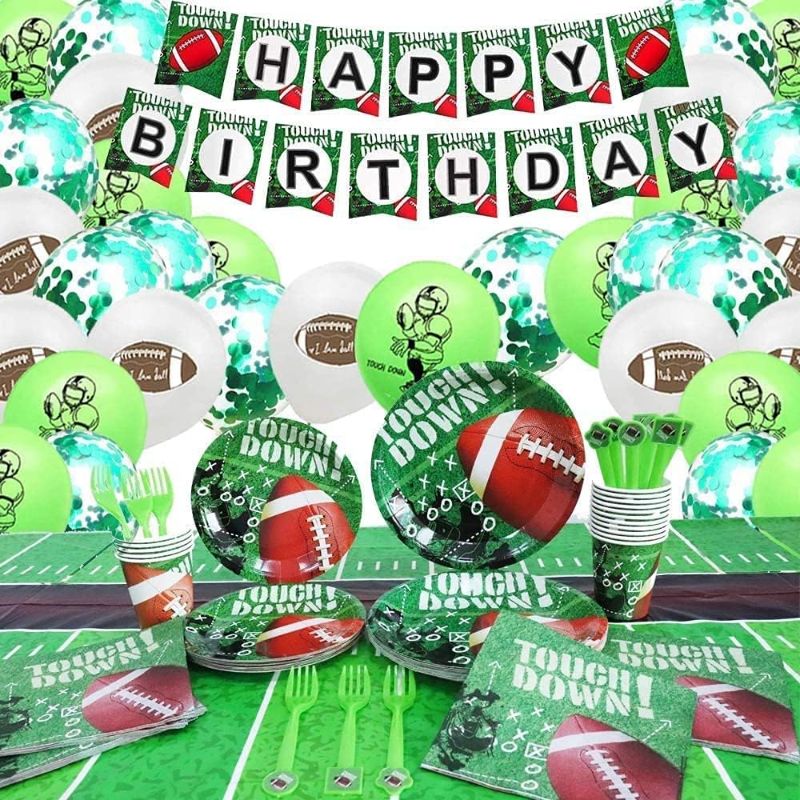 Photo 2 of Football Party Decorations Football Birthday Party Decorations Football Party Plates Napkins Cups Tablecloth Balloons Banner for Football Touchdown Game Day Tailgate Party Supplies
Party for 20 People 