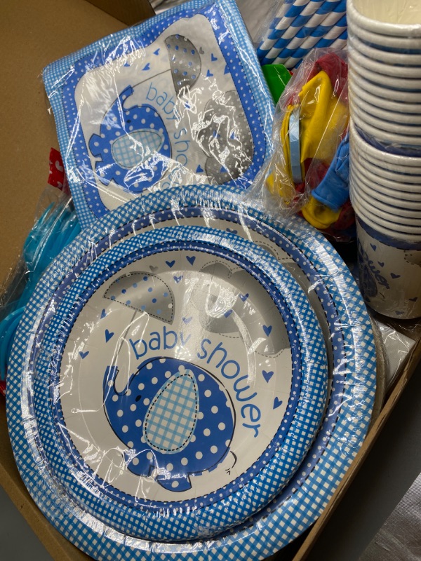 Photo 2 of 201 Pc Blue Elephant Baby Shower Decorations For Boy, baby boy Birthday Party Supplies -Tablecloth, Paper Plates Napkins Straws Cups Forks Spoons & Knives - Elephant Theme Tableware Set Serves 20
