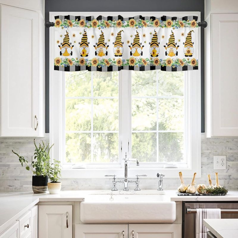 Photo 1 of 1Pcs Window Valance Rod Pocket Short Curtain Panels Farm Bee Gnomes with Honey Sunflower Kitchen Valances Curtains,Country Floral Lace Buffalo Plaid Edge Window Treatments Drapes for Bedroom 54x18in
