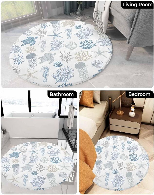 Photo 3 of Coastal Ocean Blue Coral Fluffy Round Area Rug Carpets 5ft, Plush Shaggy Carpet Soft Circular Rugs, Non-Slip Accent Floor Mat for Living Room Bedroom Nursery Summer Turtle Starfish Shell Seahorse
