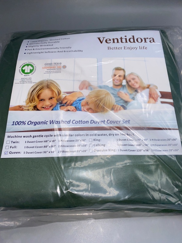 Photo 3 of Ventidora Green 3 Piece Duvet Cover Set Queen Size,100% Organic Washed Cotton Linen Feel Like Textured, Luxury Soft and Breatheable Bedding Set with Zipper Closure(1 Comforter Cover + 2 Pillowcases)
