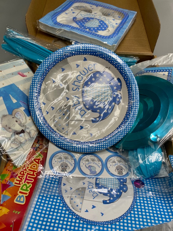 Photo 2 of Blue Elephant Baby Shower 7" Cake/Dessert Plates, 10 Count 
