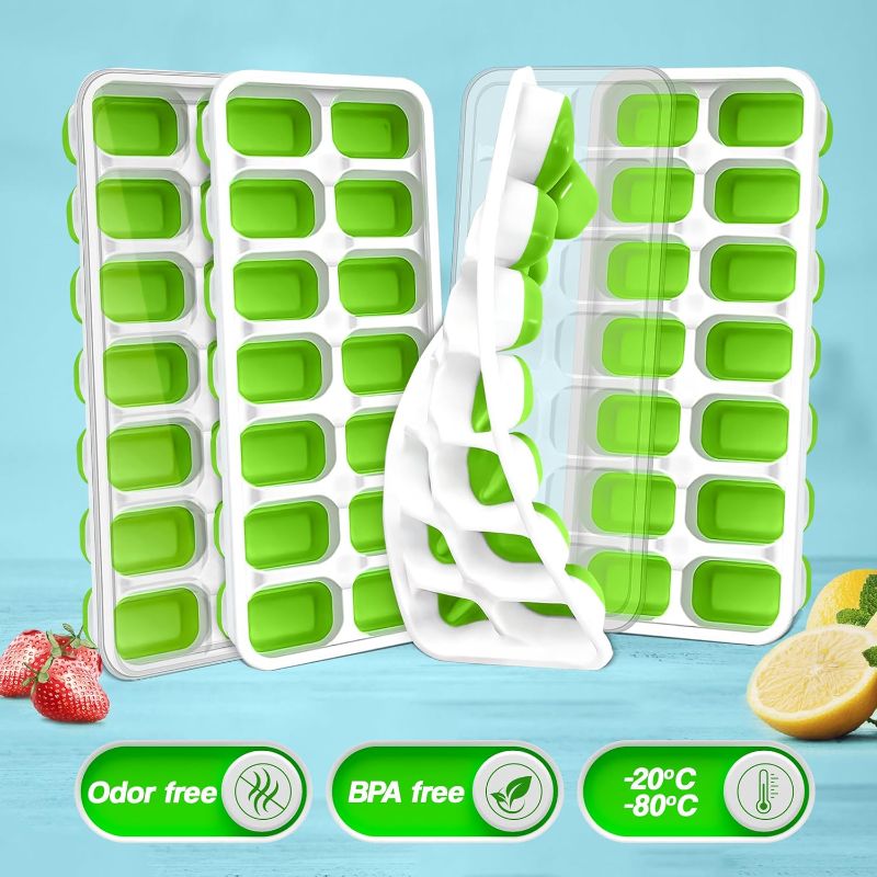 Photo 2 of Set of 2 CKE Silicone Ice Cube Trays With Lids (Pack of 4, Green) Easy-Release 56 pcs Stackable Ice Molds or Ice Cube Trays for freezer with Spill Resistant Removable Lid for Freezer, Cocktail
