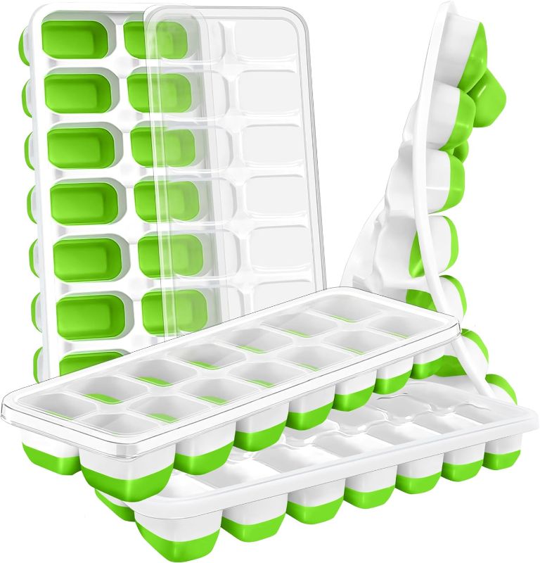 Photo 1 of Set of 2 CKE Silicone Ice Cube Trays With Lids (Pack of 4, Green) Easy-Release 56 pcs Stackable Ice Molds or Ice Cube Trays for freezer with Spill Resistant Removable Lid for Freezer, Cocktail
