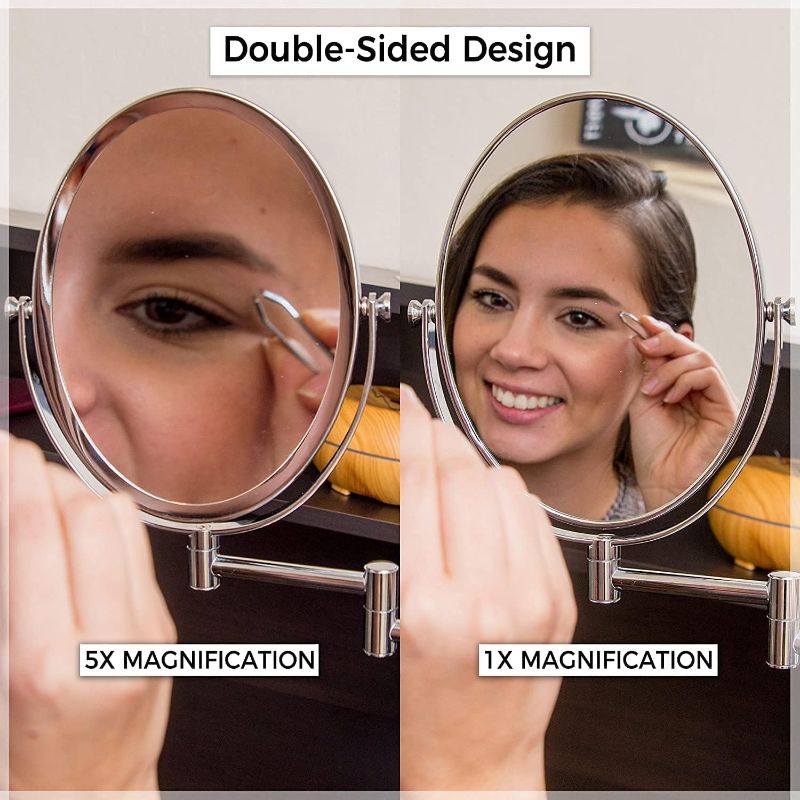 Photo 1 of Wall Mounted Bathroom Makeup & Shaving Mirror, Double Sided 5X & 1X Magnification, 13-Inch Extension Swivel Arm, Oval 6.6" x 8.6" Glass Area, Chrome
